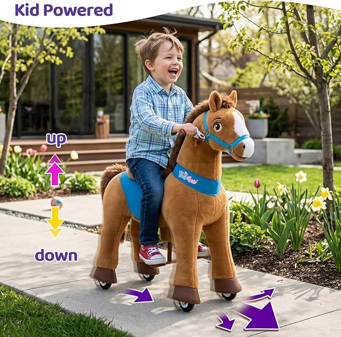 PonyCycle Ride on Horse Toys for Kids Riding Brown Horse Rocking Horse Essential Model E (with Brake/ 35.4" Height/Size 4) Ride-on Pony Giddy up Walking Mechanical Pony Plush Animal with Wheels E437