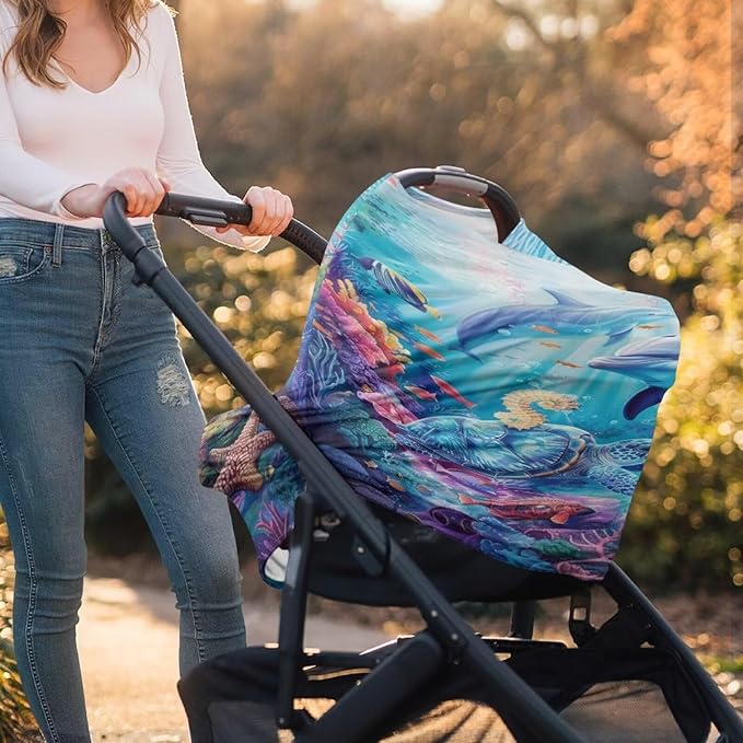 Youngerbaby Dolphin Turtle Baby Car Seat Covers Nursing Cover Breastfeeding Soft Infant Carseat Canopy,Stretchy Breathable Cover for Stroller High Chair Shopping Cart Canopies