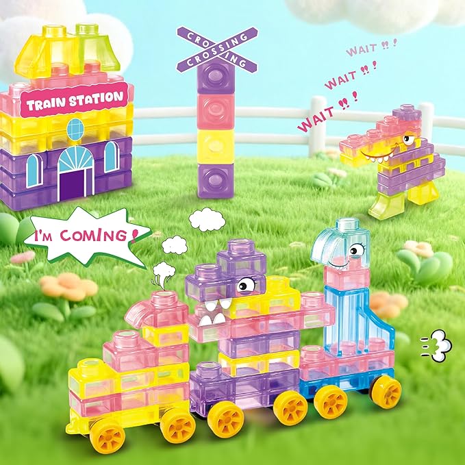 Soft Train Building Blocks with Wheels, 42 PCS Montessori Sensory Stacking Blocks, Toddler Learning Toy with Station, Squeezable, Stretchable & Stackable Tactile Toys, Preschool Creative Play for Kids