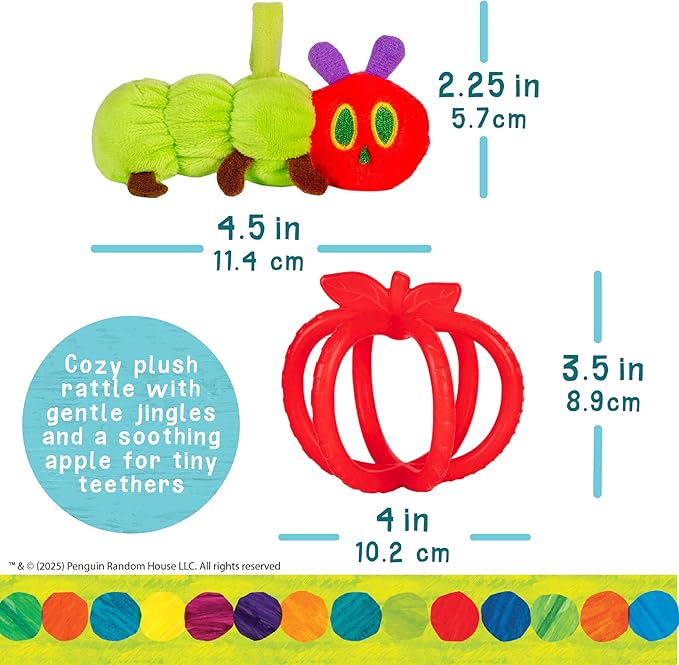Kids Preferred Eric Carle Toddler Toys The Very Hungry Caterpillar Stuffed Animal Rattle and Red Apple Silicone Teether Newborn Baby Teething Toys Set
