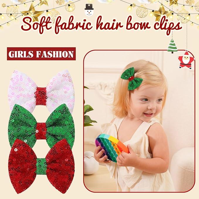 Choicbaby 6 PCS Baby Girls Christmas Hair Clips 3" Glitter Sequins Baby Hair Bows with Alligator Clips Christmas Girls Hair Bow Barrettes Accessories for Toddlers Kids Infant Teens