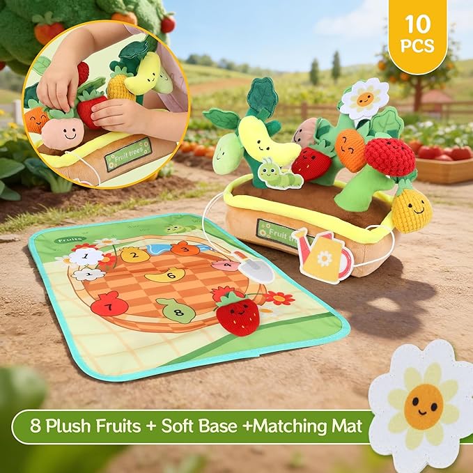 Plush Fruit Tree Toddler Learning Playset for 1 Year Old, Montessori Toys with Rattle Crinkle Textures Velcro, 10 PCS Play Food Toys Color Shape Number Matching Mat Fine Motor Skills Easter Baby Gifts