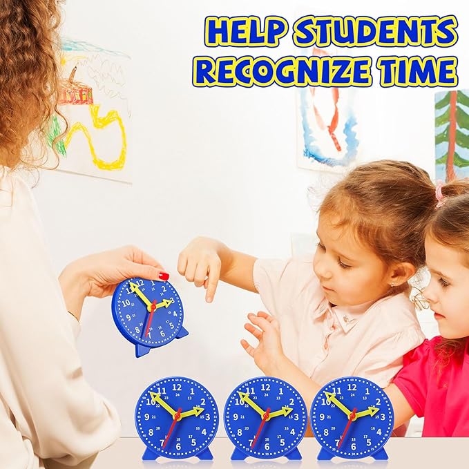 Batiyeer 24 Pcs Teaching Clock Kit for Kids to Tell Time Teaching Mini Geared Clock for Kids Basic Math Development Teacher and Classroom Supplies, 4 Inch (Dark Blue)