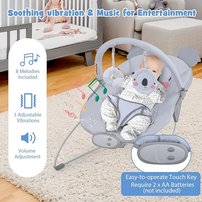 BABY JOY Baby Bouncer, Portable Baby Bouncer Seat with Vibration & Music, Removable Bar & Fabric Cover, 3-Point Safety Harness, Infant Bouncer for Babies 0-6 Months Up to 20 lbs