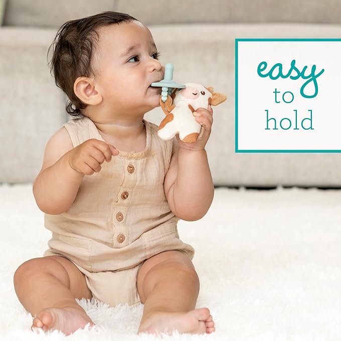 Infantino Snuggle & Soothe PaciPal - Soft Fabric Pacifier Pal with Premium Silicone Pacifier for Baby's Comfort and Self-Soothe, Cow