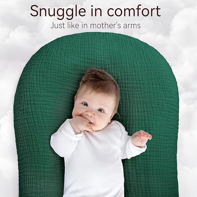 Muslin Baby Lounger Cover 1 Pack, Cotton Soft Breathable Infant Nest Slipcover, Envelope Closure, Compatible with Snuggle Me Loungers, Machine Washable, Cover Only, for Boys Girls(Green)