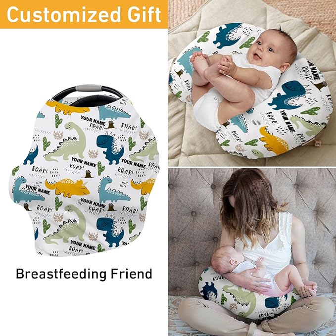 Personalised Car Seat Cover for Girls and Boys - 7 in 1 Multipurpose Breast Feeding Cover, Yellow Dinosaur Print Nursing Cover, Grocery Cart Cover - Birthday Gift for Babies(27"x29")