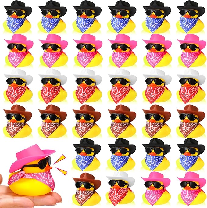 Sosation 36 Set Cowboy Rubber Duck Mini Yellow Duckies Bath Toy Tiny Ducks Bathtub Toy with Cowboy Hat Paisley Bandanas Sunglasses Dashboard Decor for Summer Baby Shower Birthday Party(Cute Style)