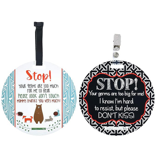 Three Little Tots Two Pack - No Kissing and Woodlands No Touching Baby Car Seat and Stroller Signs - CPSIA Safety Tested
