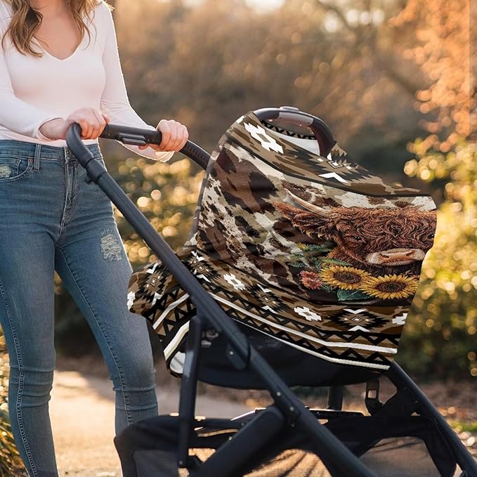 Sunflower Cow Aztec Print Car Seat Covers Baby Multi-Use Car Seat Canopy Carrier Cover, Breathable Breastfeeding Cover Western Baby Stuff Boys & Girls