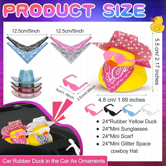 Hanaive 24 Sets Cowboy Rubber Duck Light up Mini Holographic Space Disco Hat Scarf Sunglasses Graduation Light up Bath Toys Bathtub Accessories Baby Shower Birthday Supplies(Bling Style)