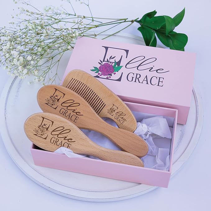 Personalized Wooden Baby Brush Set Girl | Wooden Baby Brush and Comb Set| Personalized Baby Gift | Personalized Baby Gift Girls | Floral Initial New Born Baby Gift