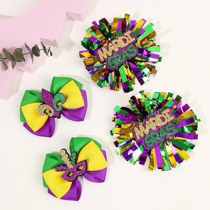 CN 4 PCS Mardi Gras Hair Bows for Girls, Purple Yellow Green Hair Clips Glitter Grosgrain Ribbon Bows with Alligator Clips,Mardi Gras Hair Accessories with Mask for Toddler Kids Teens Parade