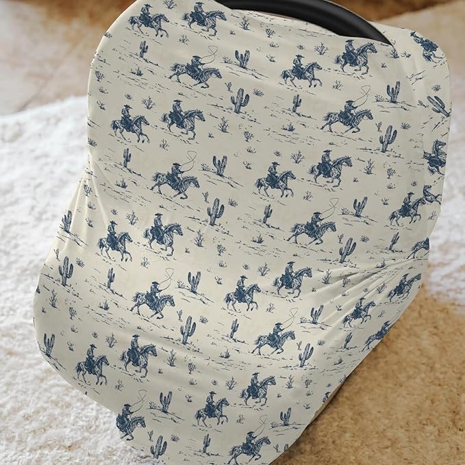 Vintage Western Cowboy Baby Car Seat Covers Retro Cowboy Cactus Horse Stretchy 5-in-1 Cover Adjustable Infant Carseat Canopy Cover Wild Desert Country Breathable Nursing Cover-Up