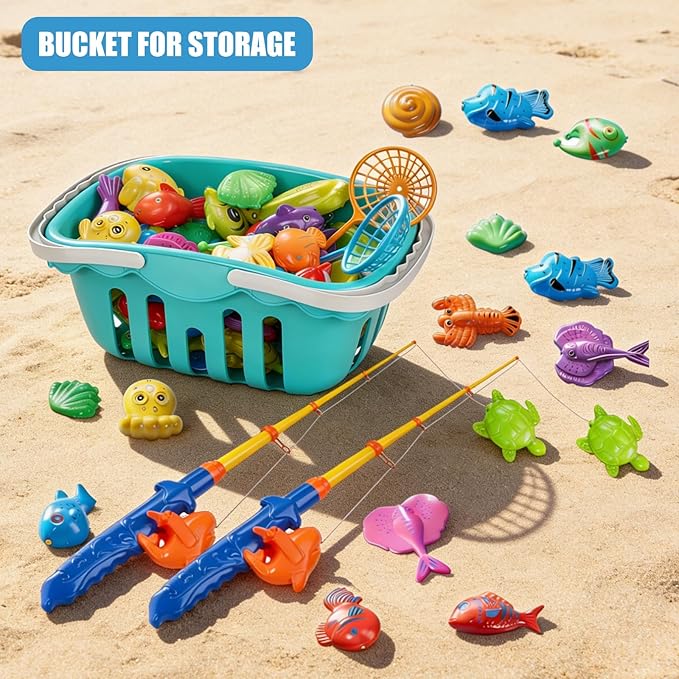 Doloowee Magnetic Fishing Game Bath Pool Toys for Toddlers 3-5,48pcs Fishing Toys Game Floating Fish Magnet Pole Rod Net Education Teaching and Learning for Kids Age 3-6 4-8