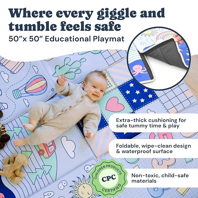 Todale Foldable Baby Play Mat, 50x50 Inch Padded Floor Mat for Infants and Toddlers, Non-Slip Waterproof Tummy Time Mat for Playpens, Educational Activity Area with Numbers and Animals