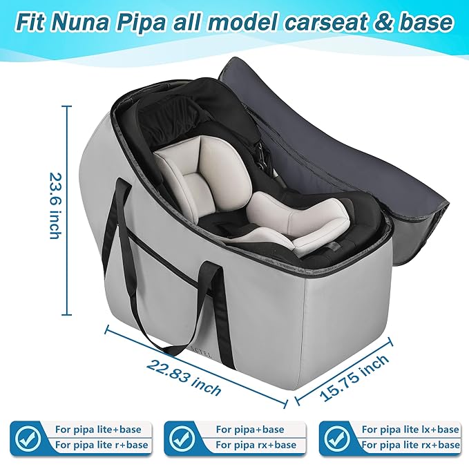 SCTEL Car Seat Travel Bag Fit All Nuna Pipa Car Seat and Base, Doona Infant Car Seat Stroller, Padded Car Seat Bags for Air Travel, Airplane Carrier Bag with Side Pocket, Protective Feet, Storage Bag