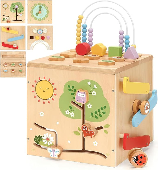 Wooden Activity Cube 9-in-1 Montessori Busy Board Toy | Educational Sorting Play Center for 1+ Year Old Toddlers | First Birthday for Boys Girls