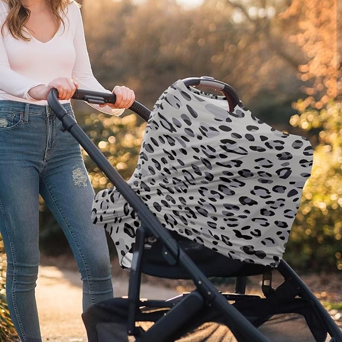 Biyejit Gray Leopard Nursing Cover for Newborn Breastfeeding Multi Use Infant Stroller Canopy Unisex Baby Car Seat Cover High Chair Cover Shopping Cart Cover for Baby Boy and Girl