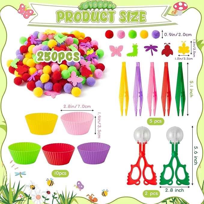 EZdhuawuse Spring Insects Sensory Bin Fillers Toys - Spring Easter Gift 268 Color Counting Sorting Fine Motor Toys Set for Kids, Felt Dragonfly Butterfly Pom Poms Cups Clips for Preschool Education