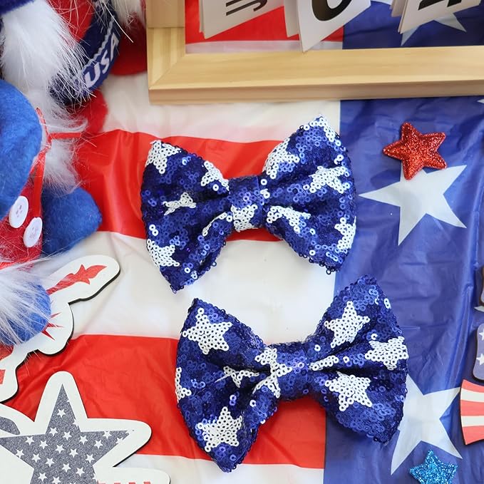 Red Sequin Hair Bows for Girls Blue Star Sparkly Alligator Clips 4th of July Glitter Hair Accessories for Little Teen Toddler Girls Kids Gift