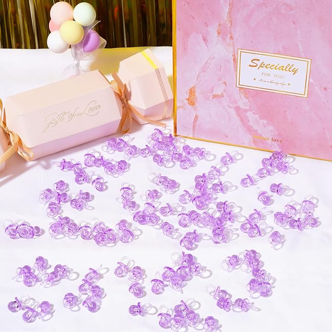 XINHUIDALSQ 150 Mini Acrylic Pacifiers for Baby Shower Girl Game, 0.86 Inch Bulk Chupones para Gender Reveal Party Favors Table Decoration (Purple)