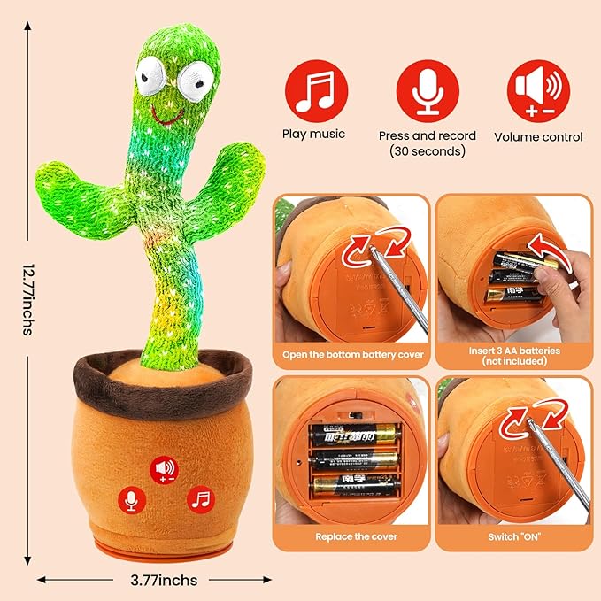 Baby Toys Dancing Talking Cactus Toy with Adjustable Volume, Boys Girls Gifts Interactive Singing Mimicking Repeating Cactus, for Toddlers 0-18 Months Christmas Birthday Easter Basket Stuffers