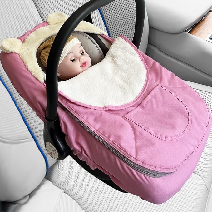 Car Seat Cover for Babies,Winter Baby Car Seat Cover Infant Carseat Cover for Boys & Girls - Keeps Baby Warm and Cozy,2 in 1 Universal Zipped Baby Carseat Cover Fit for All Season-Pink