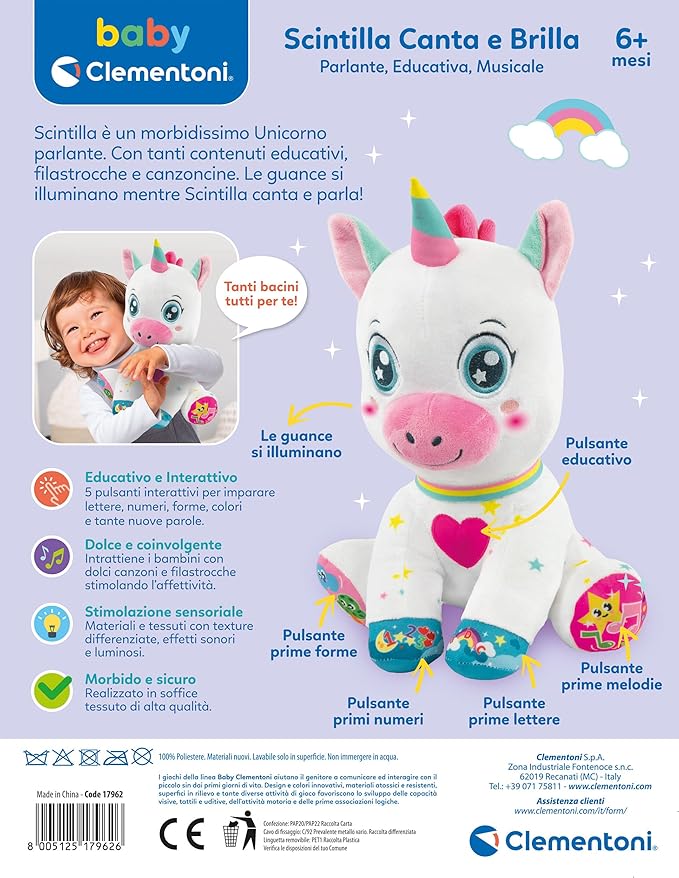 Clementoni Baby Scintilla 17962 Baby Scintilla Interactive Speaking Plush Animal, Music Game for Children from 6 Months, Activity Center for Sensory and Cognitive Development, Italian