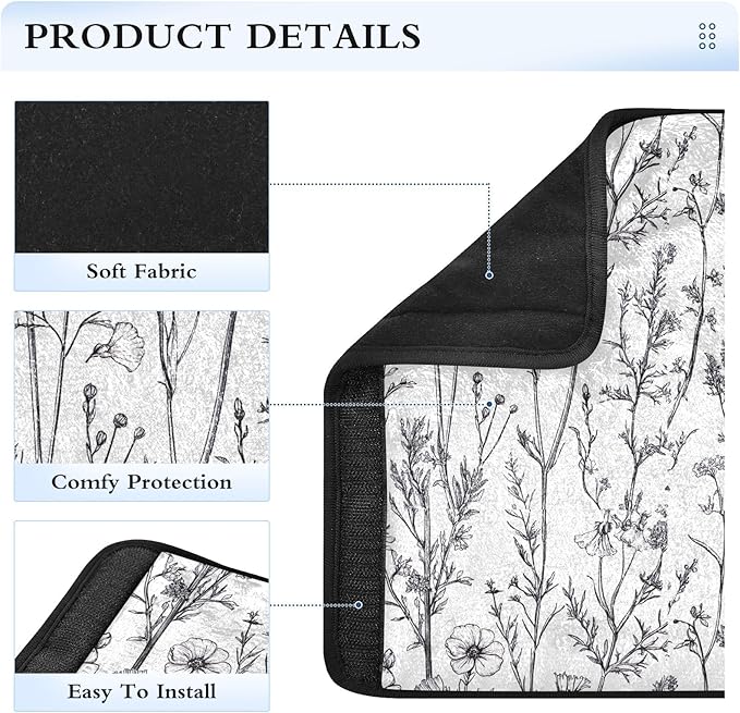 CHIFIGNO Black White Wildflowers Herbs Seat Belt Cover Cute Seatbelt Covers Pack of 2 Car Seat Shoulder Pads for Adults Women Kids