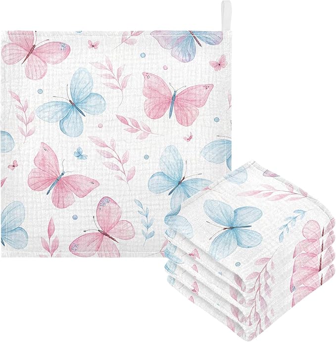 Burbuja Cute Butterflies Baby Washcloths - Muslin Cotton Soft Absorbent Baby Towel for Newborn Baby Sensitive Skin - Baby Essential Item, 12x12 in, 5 Pack