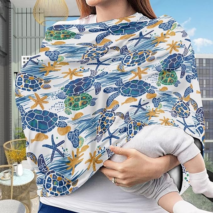 Binienty Baby Car Seat Cover - Watercolor Sea Turtle Print Infant Carseat Canopy Soft Breathable Nursing Cover, Gifts for Mom Lover Wife