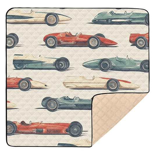Race Cars Vintage Baby Playmat Washable Playroom Crawling Mat Non-Slip Play Mats for Floor 50x50 Mat