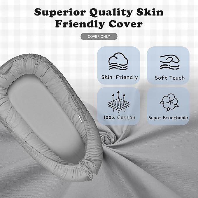 Baby Lounger Cover for Boys and Girls, Gray 100% Cotton Baby Nest Cover, Breathable Replacement Cover for Infant and Newborn Snuggle Me Lounger, Cover Only