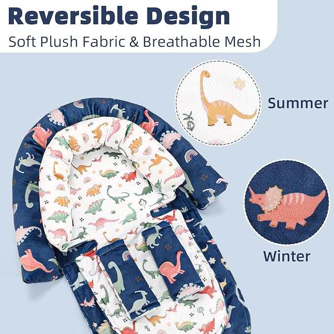Baby Car Seat Head Support & Strap Covers, Upgraded 2-in-1 Infant Car Seat Insert Cushion for Newborn Girls, Perfect for Carseat, Stroller, Swing, Extra Soft, Dinosaur