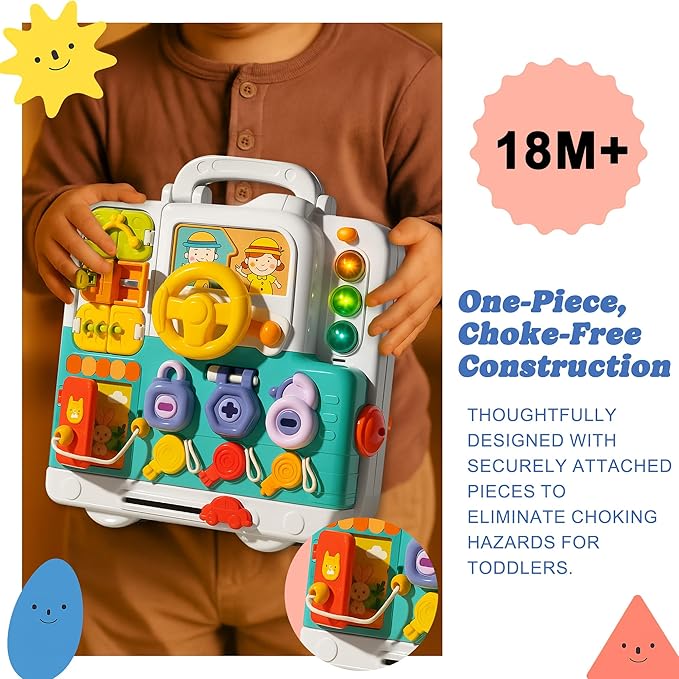 Montessori Busy Board for Toddlers 1-3, Baby Educational Activity Board with Lights & Music, Sensory Toys for Fine Motor Skills, Travel Toys for Airplane Cars, Gift for Boys Girls