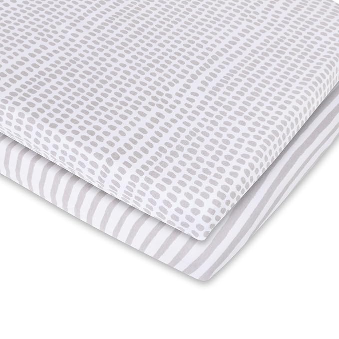 Ely's & Co. Patent Pending Waterproof Bassinet Sheet, No Need for Bassinet Mattress Pad Cover, 2 Pack Neutral Taupe Grey Splash & Stripes,for Baby Girl and Boy