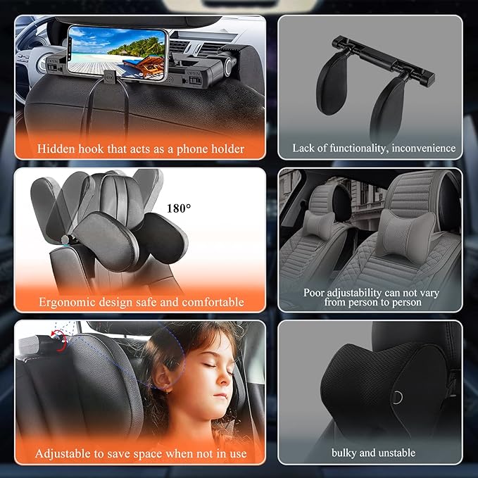 Car Headrest Pillow, 180 Degrees Adjustable Car Seat Headrest with Memory Foam, Head Rest Pillow for Car Suitable for Adults and Children to Sleep While Traveling, Black