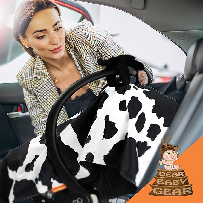 Dear Baby Gear Car Seat Cover for Boys & Girls - Baby Carseat Canopy w/Snap Opening - Infant Seat Cover -Nursing Covers - Newborn Carrier Canopy - 40x30" (Black and White Holstein Cow with Bows)