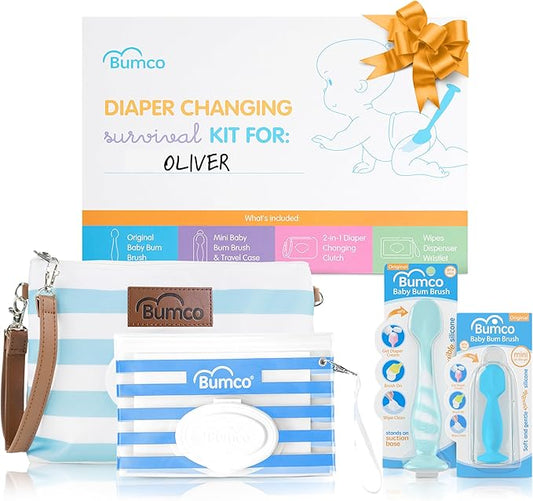 Bumco Baby Essentials Set - Personalized Diaper-Changing Baby Shower Gifts for Boys, Baby Gift Set with 2 Baby Bum Brushes (Original & Mini) + Diaper Clutch Bag + Wipes Wristlet, Newborn Gift Set