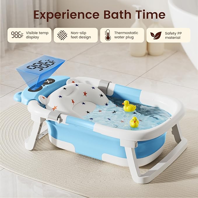 Baby Bathtub,Foldable Baby Bath Tub for Newborn to Toddler (0-18 Months) – Collapsible Infant Tub for Travel with Thermometer, Soft Cushion,Blue
