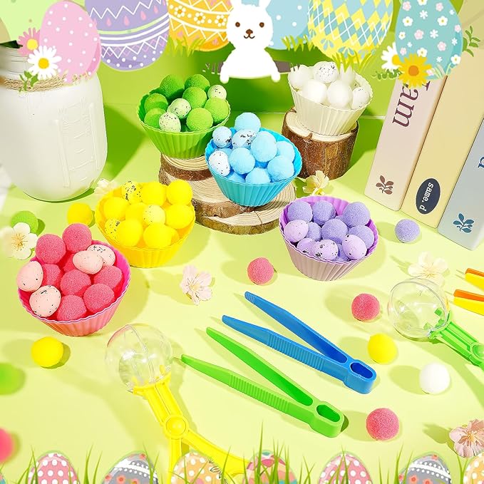 Bbiamsleep 318 Pcs Easter Sensory Bin Filler Fine Motor Skills Spring Sensory Bin Items Counting Sorting Pom Poms Decorations Include Mini Rabbit Figurines for Easter Sorting Counting