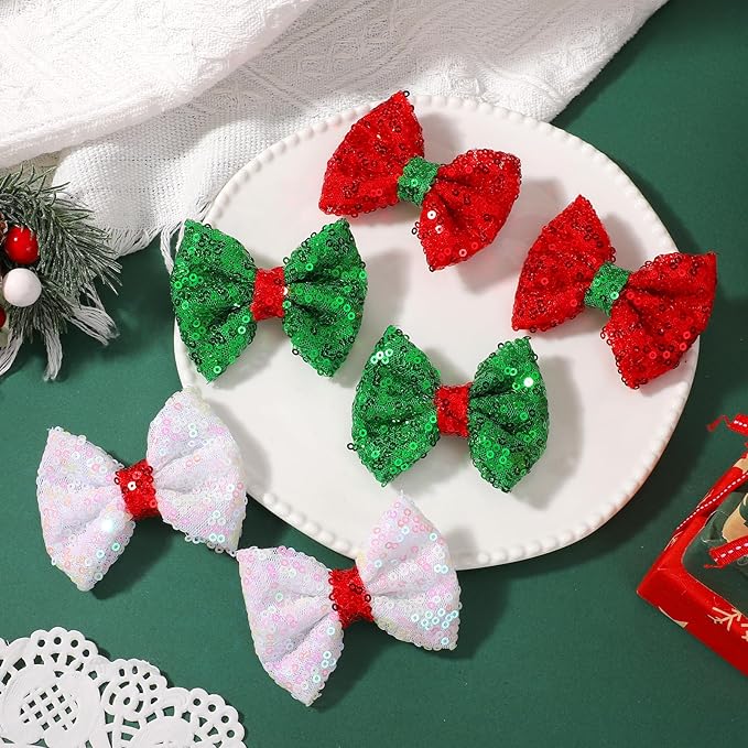 Choicbaby 6 PCS Baby Girls Christmas Hair Clips 3" Glitter Sequins Baby Hair Bows with Alligator Clips Christmas Girls Hair Bow Barrettes Accessories for Toddlers Kids Infant Teens