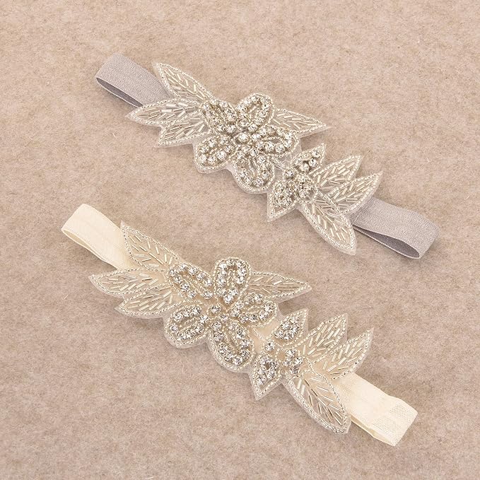 Nishine Girls White Rhinestone Flower Headband Pack Baby Christening Baptism Headband for Baby Shower Wedding Hair Accessories (Leaf Flower-Gray/Ivory)