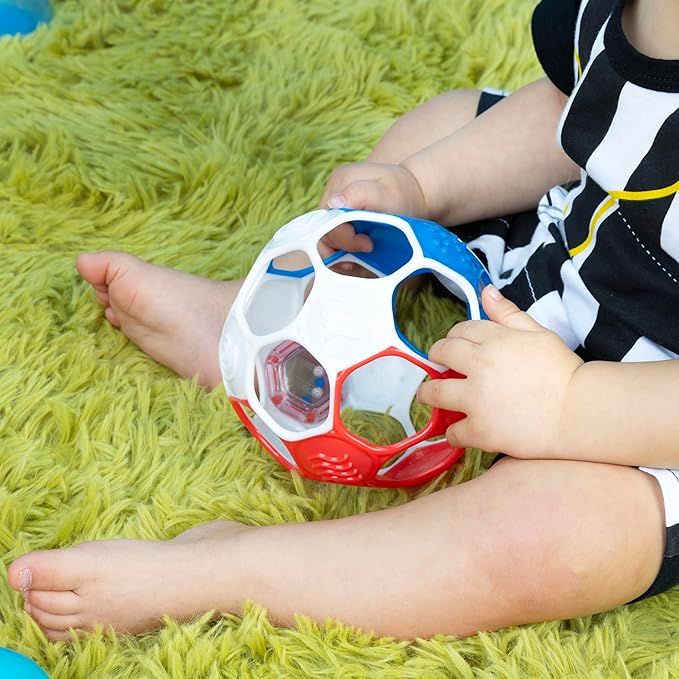 Bright Starts Oball Grippin' Goals Rattle Soccer Ball - Red, White & Blue, Easy-Grasp Toy for Newborn and Up