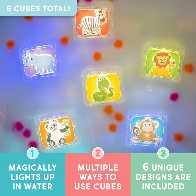 Glo Pals Water-Activated Light-Up Cubes for Bathtime and Sensory Play - Includes 6 Reusable Light-Up Cubes - Sensory Toys and Glowing Bath Cube for Kids and Toddlers - Zoo