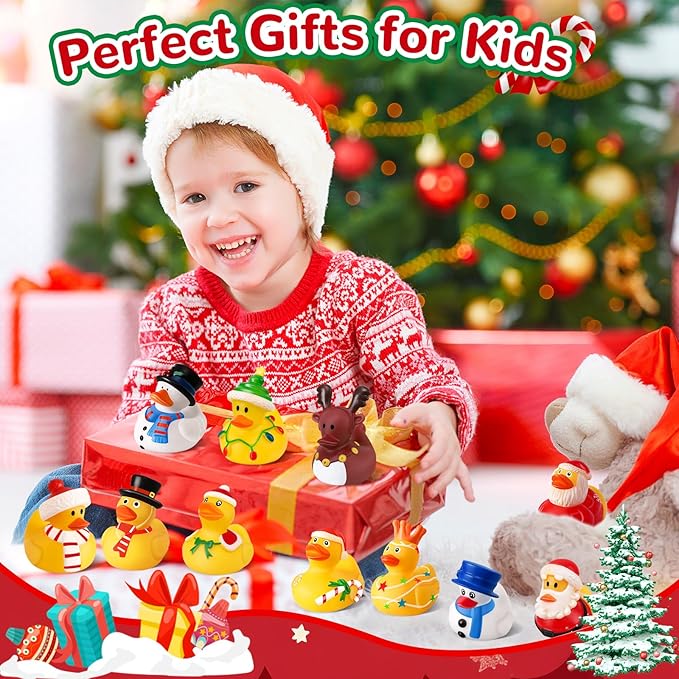 ANGGIKO 24 Pack Christmas Rubber Ducks in Bulk with Bag, Christmas Ducks for Ducking, Christmas Goodie Bag Stuffers, Baby Birthday Gifts Party Favors Bath Toys for Toddlers