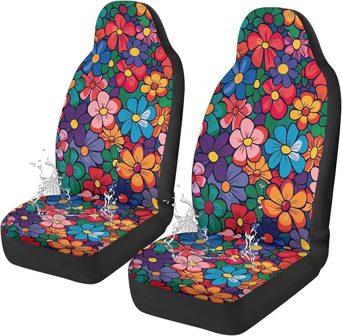 Cute Hippie Flower Car Seat Covers 2 Pcs Stretch Polyester Fabric Cover Waterproof Car Seat Cover Easy Installation Universal Size Fit for Most Cars SUVs Trucks Vans