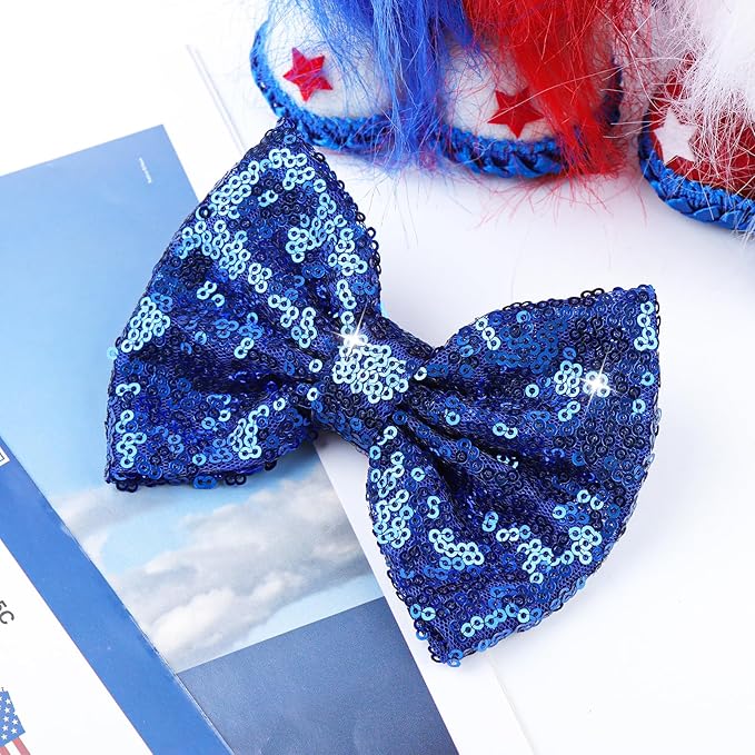 4th of July Alligator Clips with Sequins, Sparkly Glitter Hair Accessories for Toddler Girls - Patriotic Blue Baby Gift