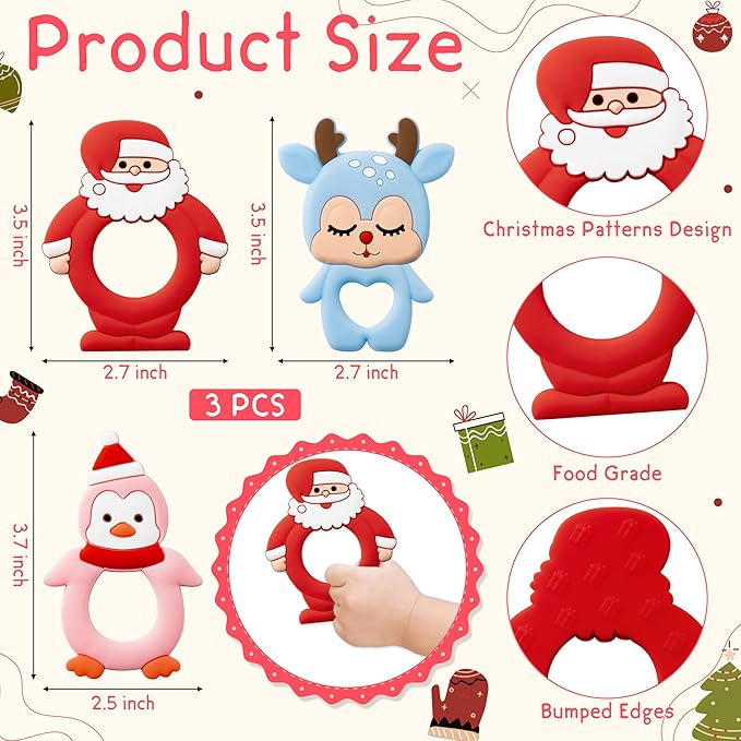 Christmas Silicone Teether for Babies - 2ooya 3Pcs Santa Penguin Deer Soothe Teething Chew Toy Infant Toddler Sore Gums Relief Teether Toy The First Christmas Gift Baby Shower for Newborn Boy Girl
